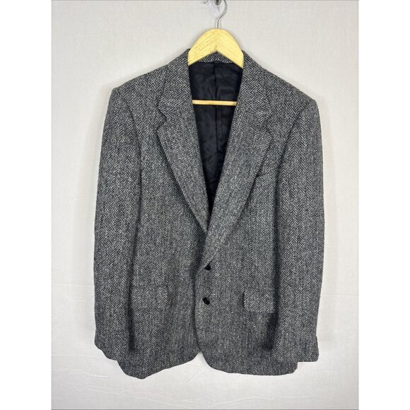 Harris Tweed 44R Sport Coat Herringbone Gray Hand Woven Scotland 100% Wool - Picture 1 of 8